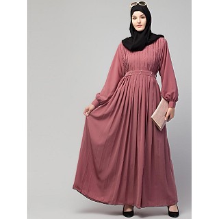 Designer pleated abaya with pearl work belts - Puce Pink